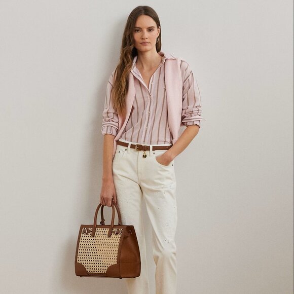 Lauren Ralph Lauren Oversize Striped Cotton Broadcloth Shirt Pink Multi Size S - Picture 1 of 5
